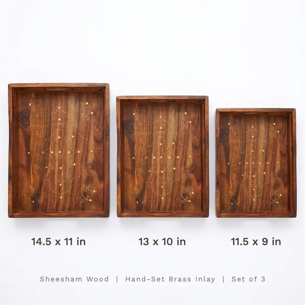 Brass inlay wooden serving tray sizes 14.5, 13 and 11.5 inches shown side by side