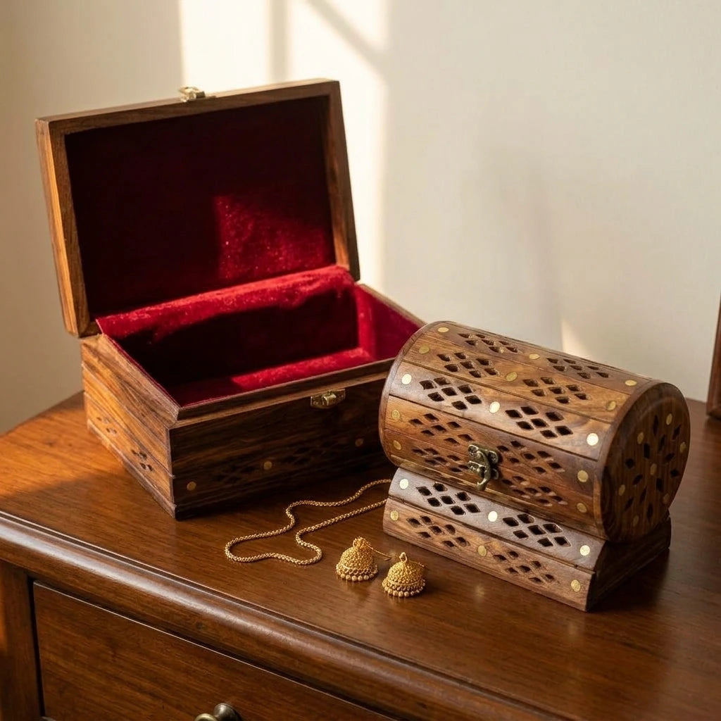 Bridal jewellery duo gift set, flat lidded jaali box with red velvet lining open beside a domed jaali chest, gold chain and jhumka earrings, handmade by Craft Edges