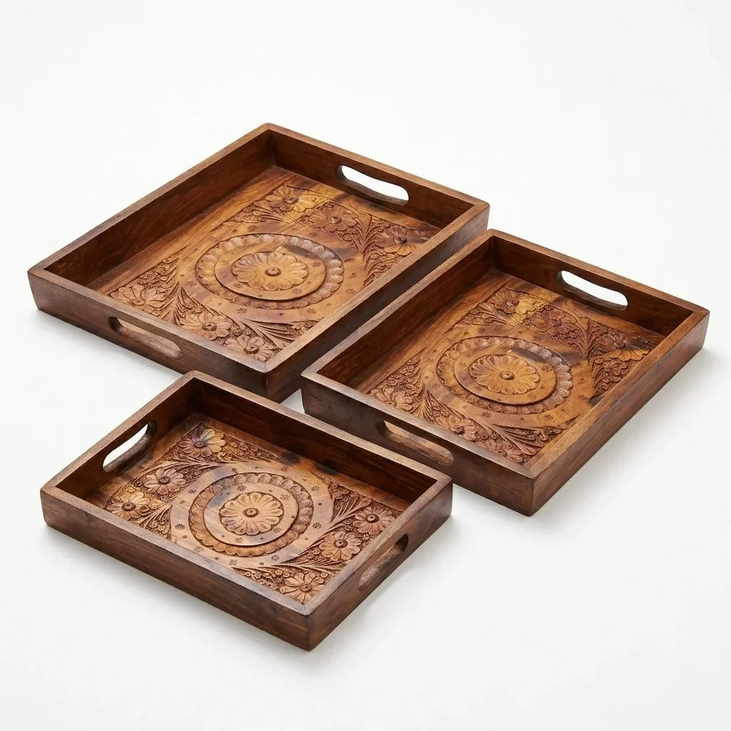 Hand carved sheesham wood serving tray set of 3, all sizes together, handmade in Pakistan by Craft Edges