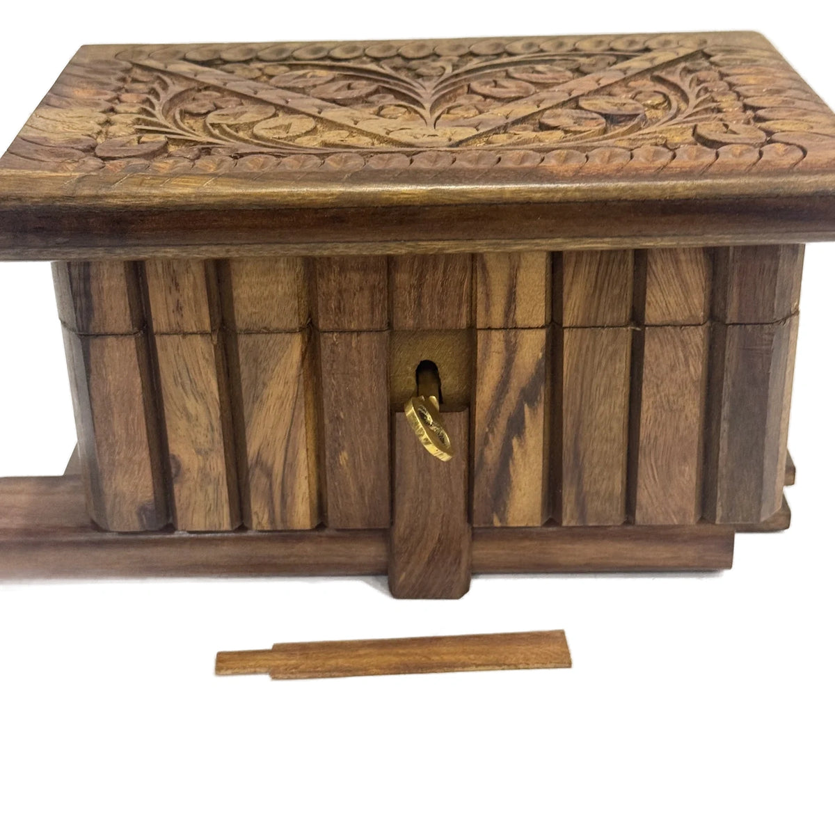 Carved wooden jewellery box with a brass safe lock, handmade in sheesham by Craft Edges, view 10 of 10