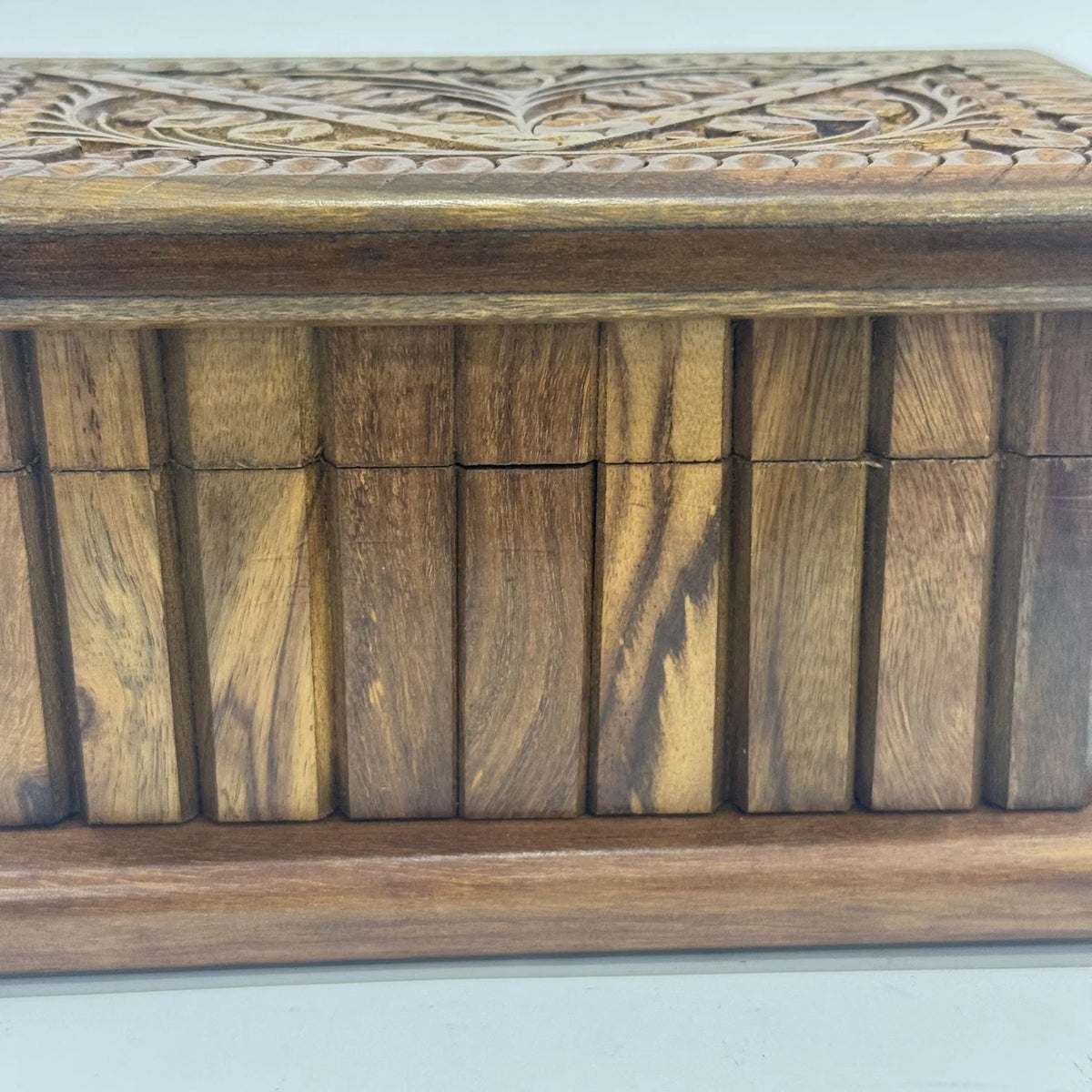 Carved wooden jewellery box with a brass safe lock, handmade in sheesham by Craft Edges, view 3 of 10