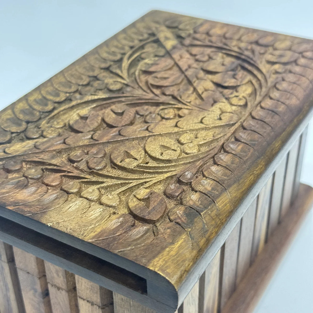 Carved wooden jewellery box with a brass safe lock, handmade in sheesham by Craft Edges, view 4 of 10