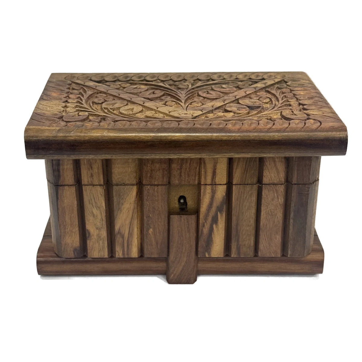 Carved wooden jewellery box with a brass safe lock, handmade in sheesham by Craft Edges, view 5 of 10