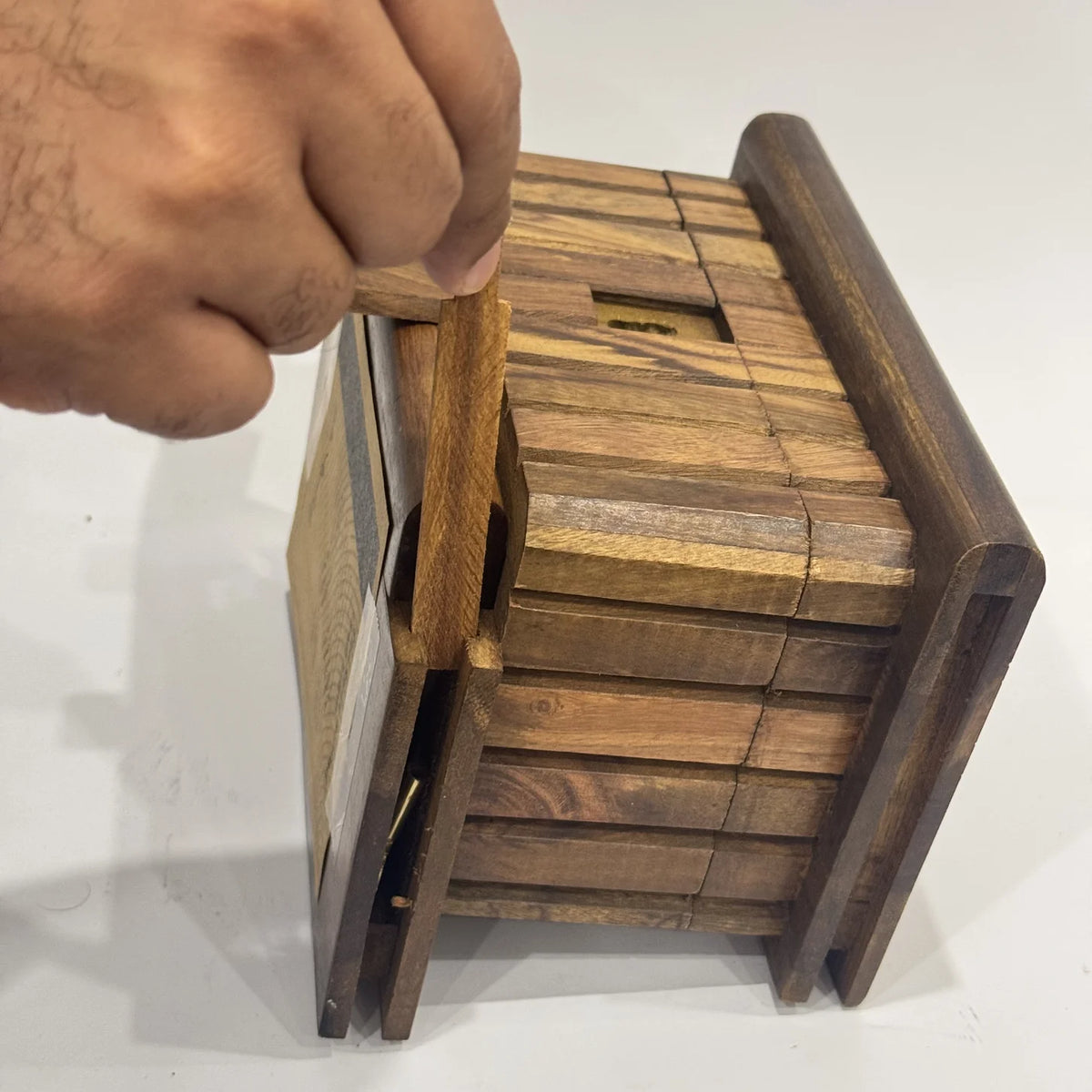Carved wooden jewellery box with a brass safe lock, handmade in sheesham by Craft Edges, view 7 of 10