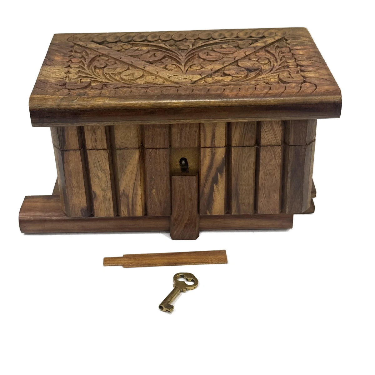 Carved wooden jewellery box with a brass safe lock, handmade in sheesham by Craft Edges, view 9 of 10