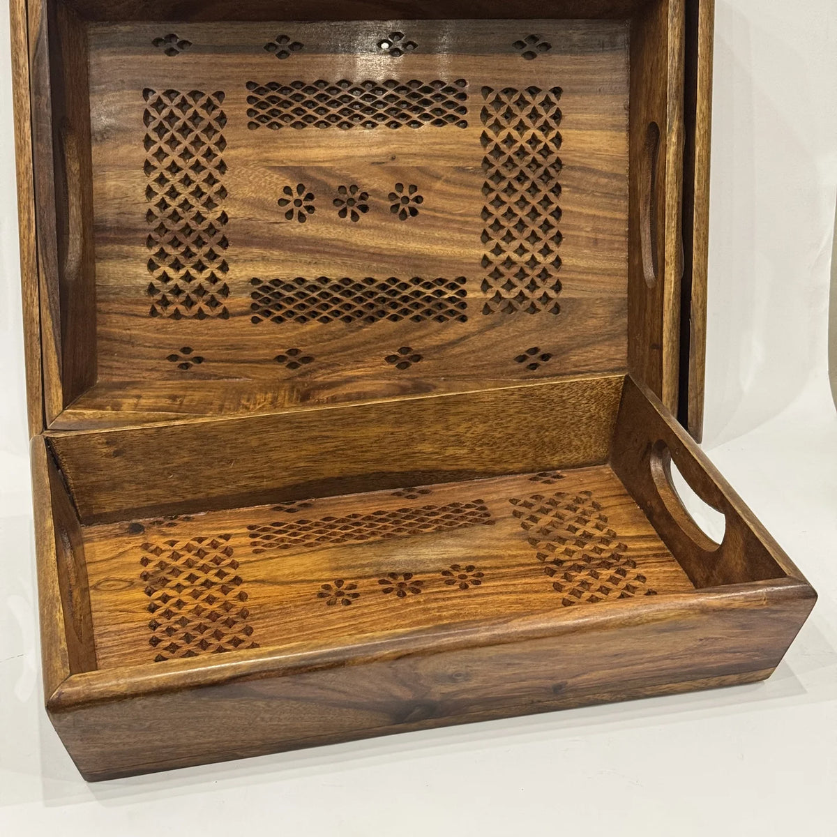 Wooden serving tray with carving cut right through the base, handmade by Craft Edges, view 1 of 4
