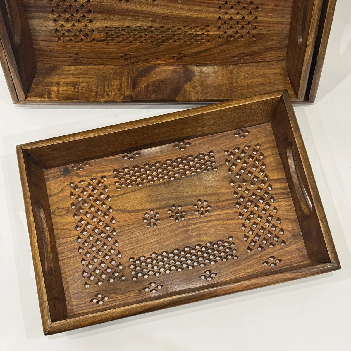 Wooden serving tray with carving cut right through the base, handmade by Craft Edges, view 2 of 4