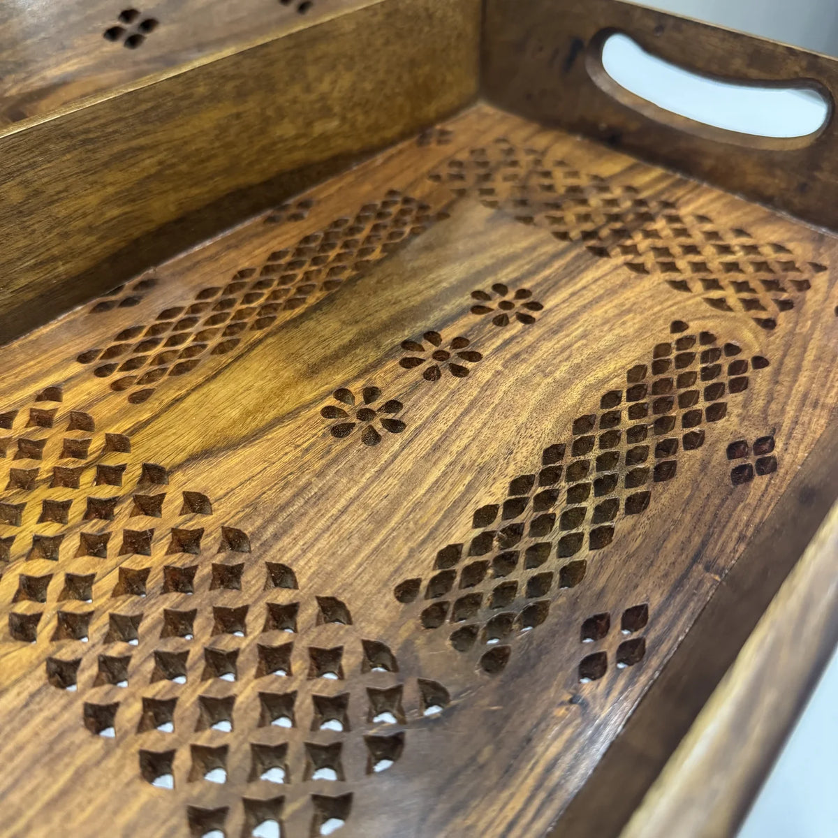Wooden serving tray with carving cut right through the base, handmade by Craft Edges, view 3 of 4
