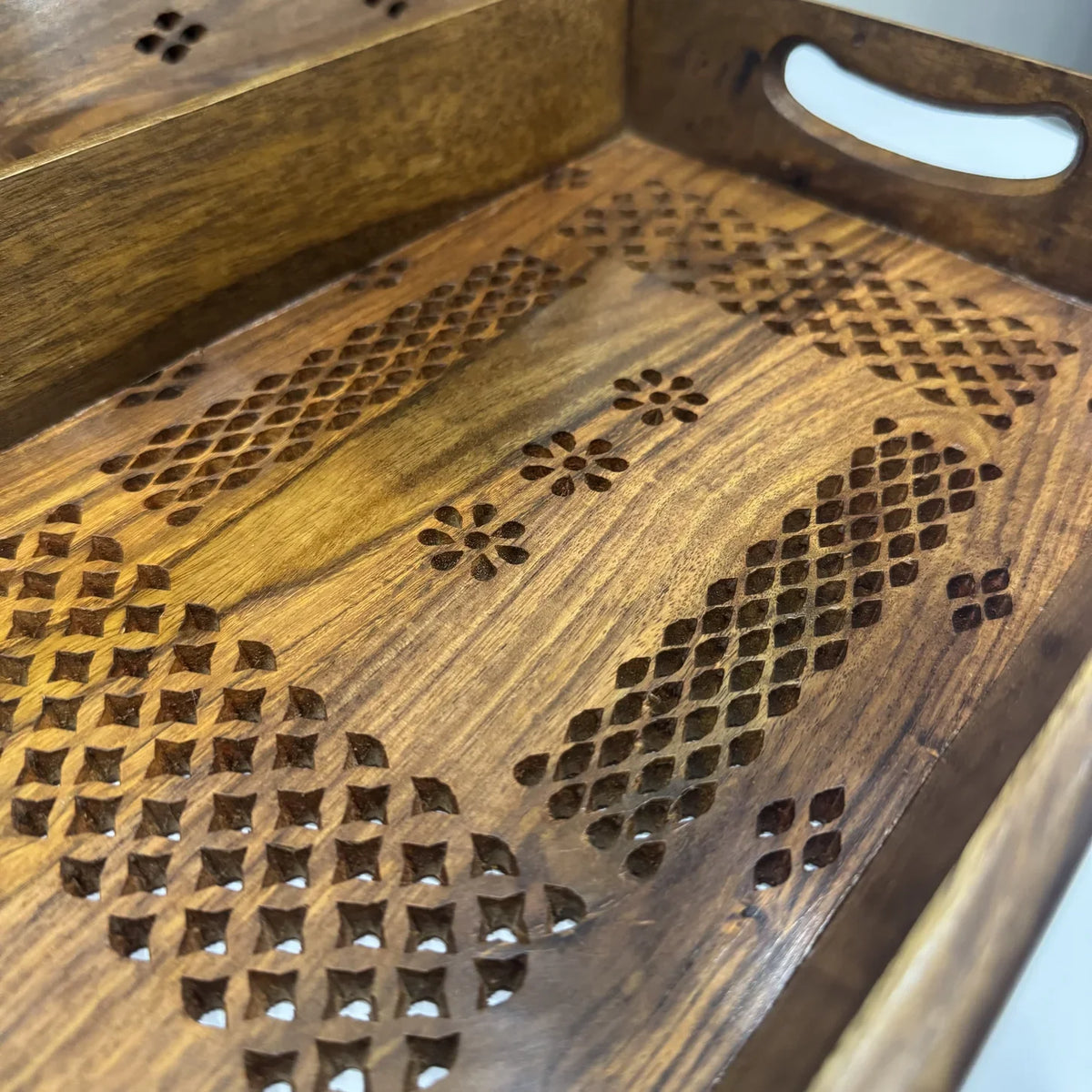 Carved through wooden serving tray, detail of the cut through carving, Craft Edges