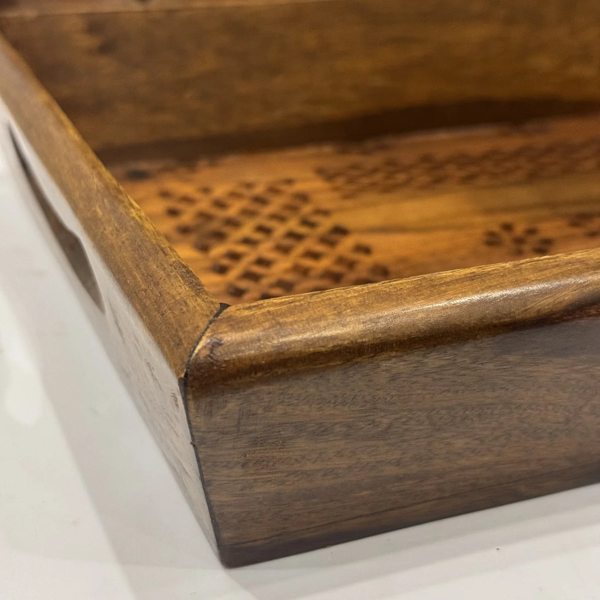 Wooden serving tray with carving cut right through the base, handmade by Craft Edges, view 4 of 4