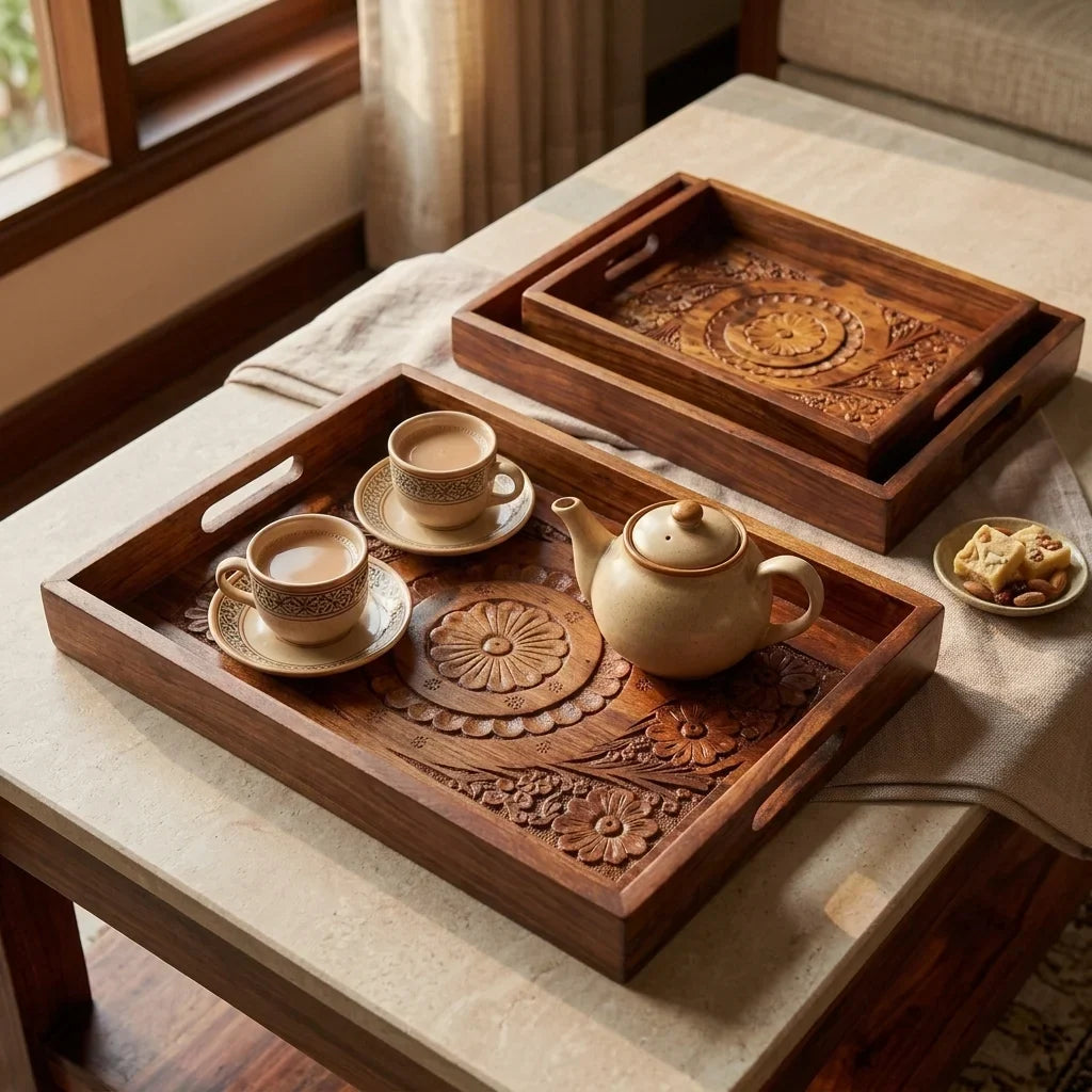 Hand carved sheesham serving tray styled with chai in a Pakistani home, Craft Edges