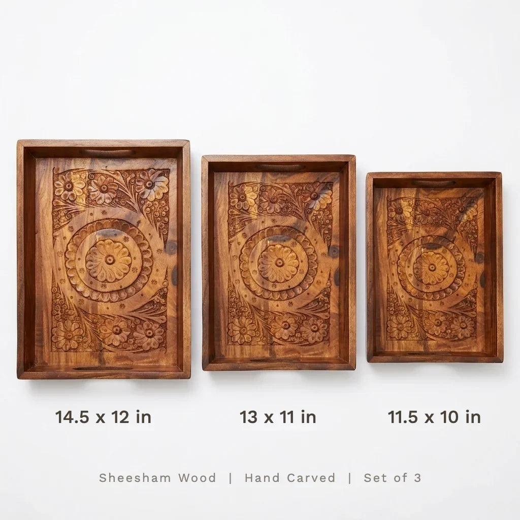 Carved wooden serving tray sizes 14.5, 13 and 11.5 inches shown side by side, set of 3, Craft Edges