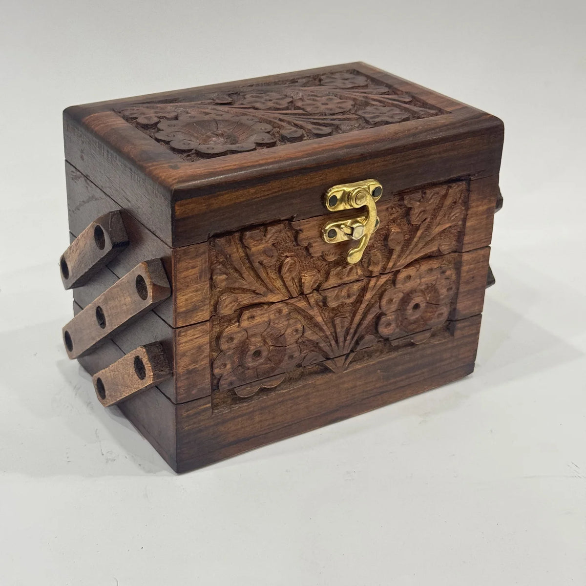 Carved wooden jewellery box with lift-out trays, 4 by 6 inch, handmade by Craft Edges, view 1 of 5