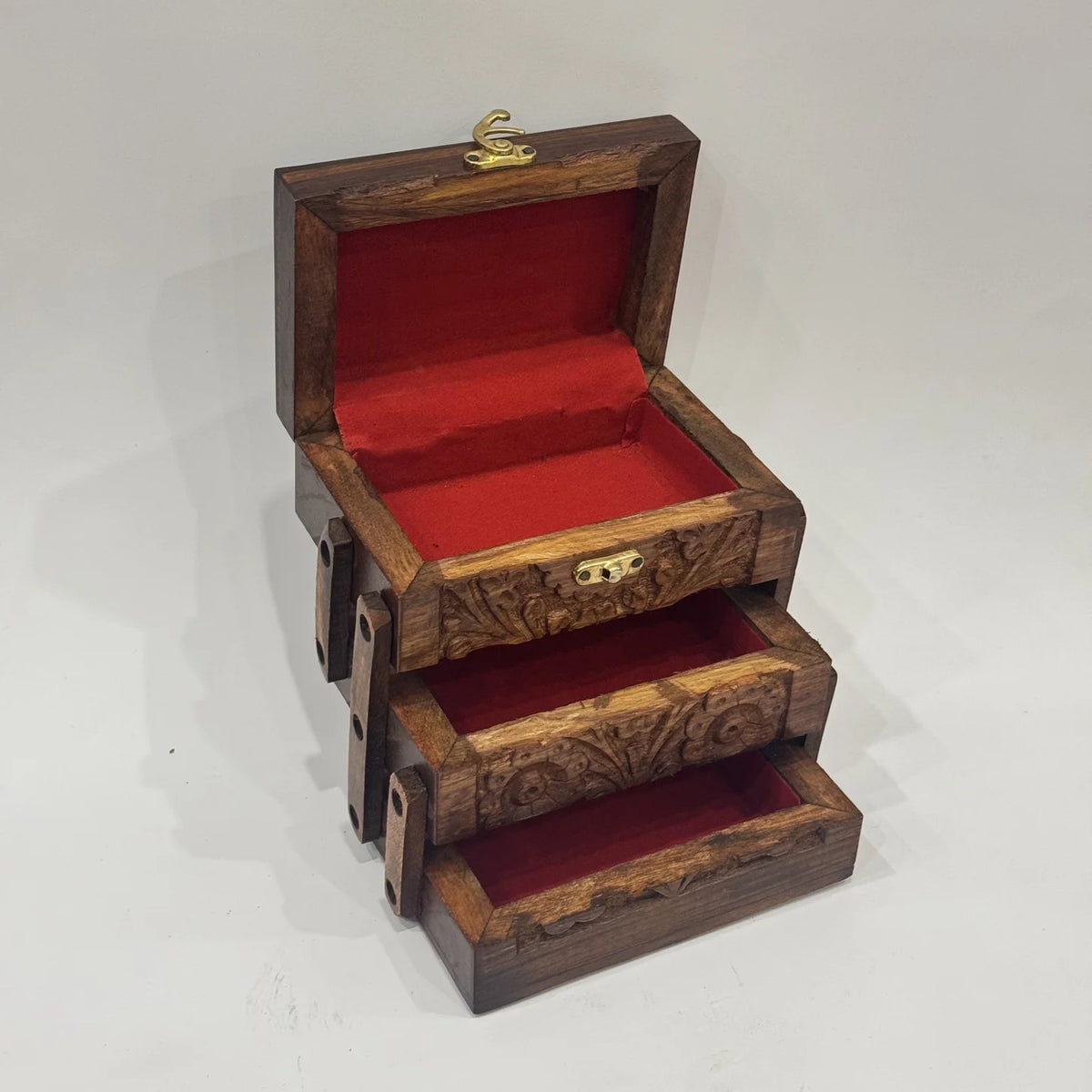 Carved wooden jewellery box with lift-out trays, 4 by 6 inch, handmade by Craft Edges, view 2 of 5