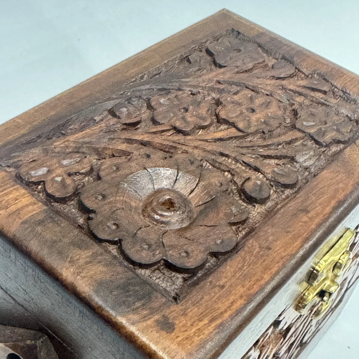 Carved wooden jewellery box with lift-out trays, 4 by 6 inch, handmade by Craft Edges, view 4 of 5