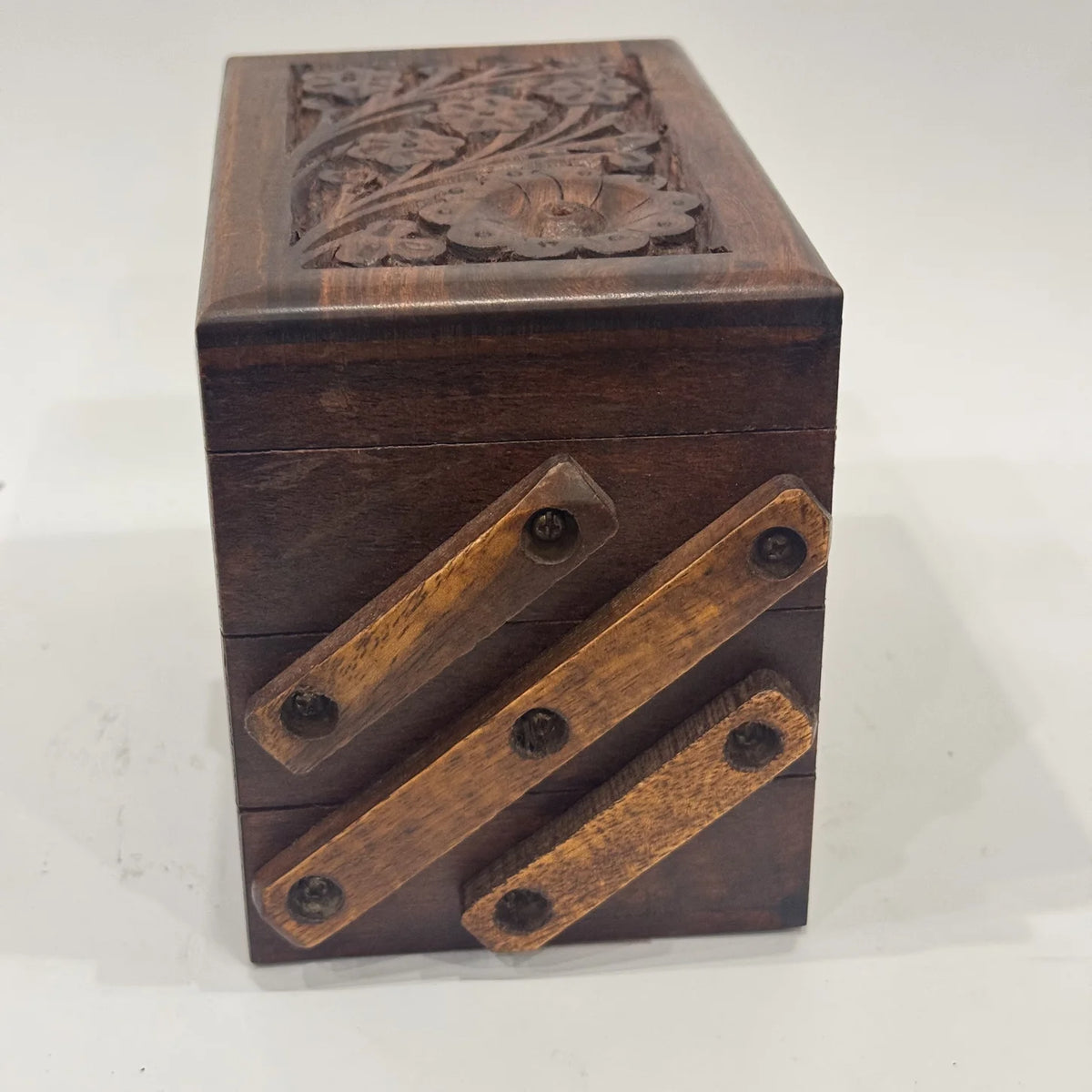 Carved wooden jewellery box with lift-out trays, 4 by 6 inch, handmade by Craft Edges, view 5 of 5