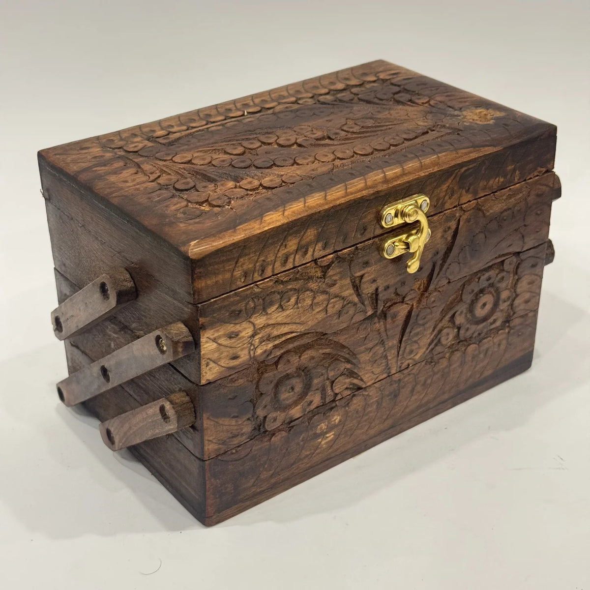 Carved wooden jewellery box with lift-out trays, 5 by 8 inch, handmade by Craft Edges, view 1 of 5