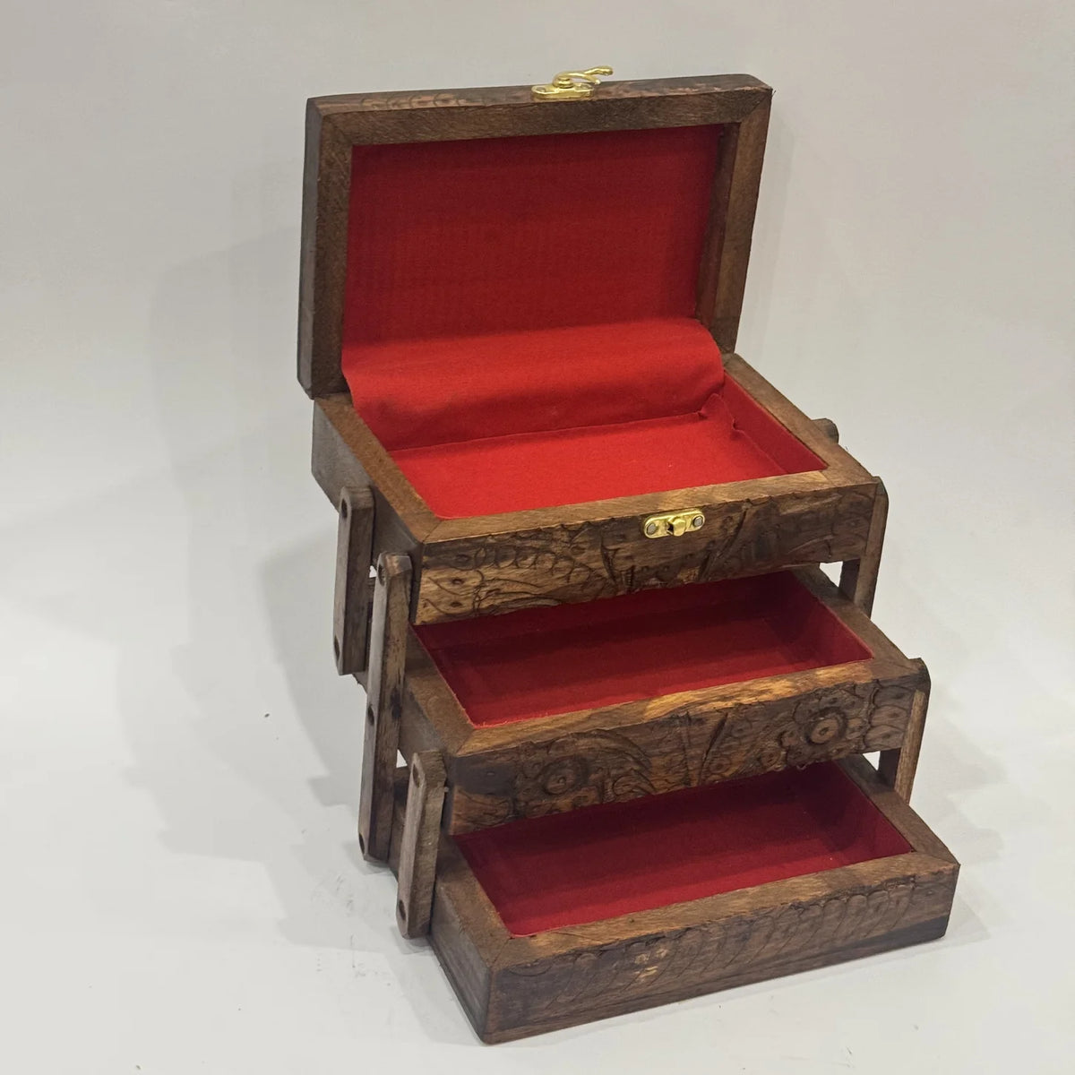 Carved wooden jewellery box with lift-out trays, 5 by 8 inch, handmade by Craft Edges, view 2 of 5