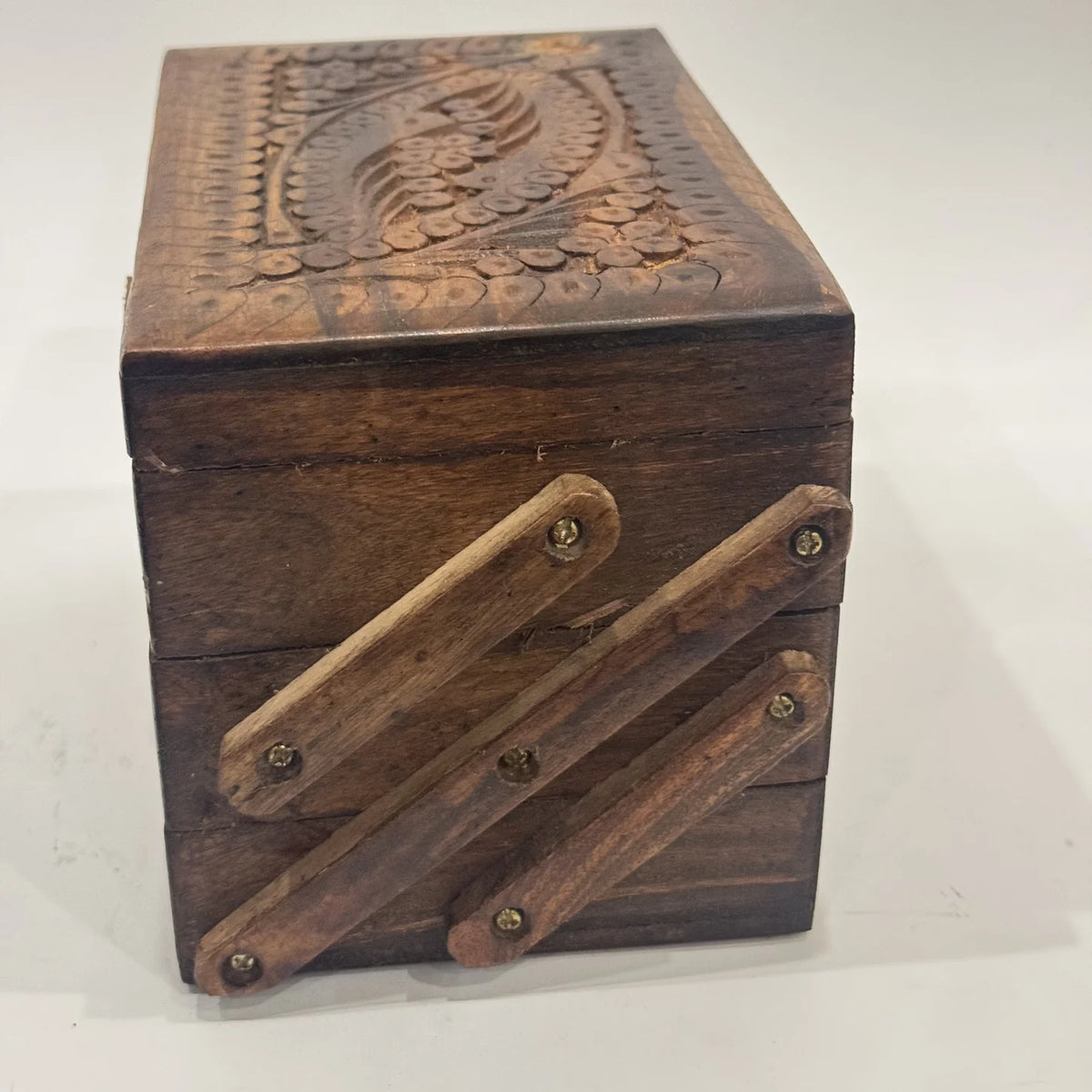 Carved wooden jewellery box with lift-out trays, 5 by 8 inch, handmade by Craft Edges, view 4 of 5