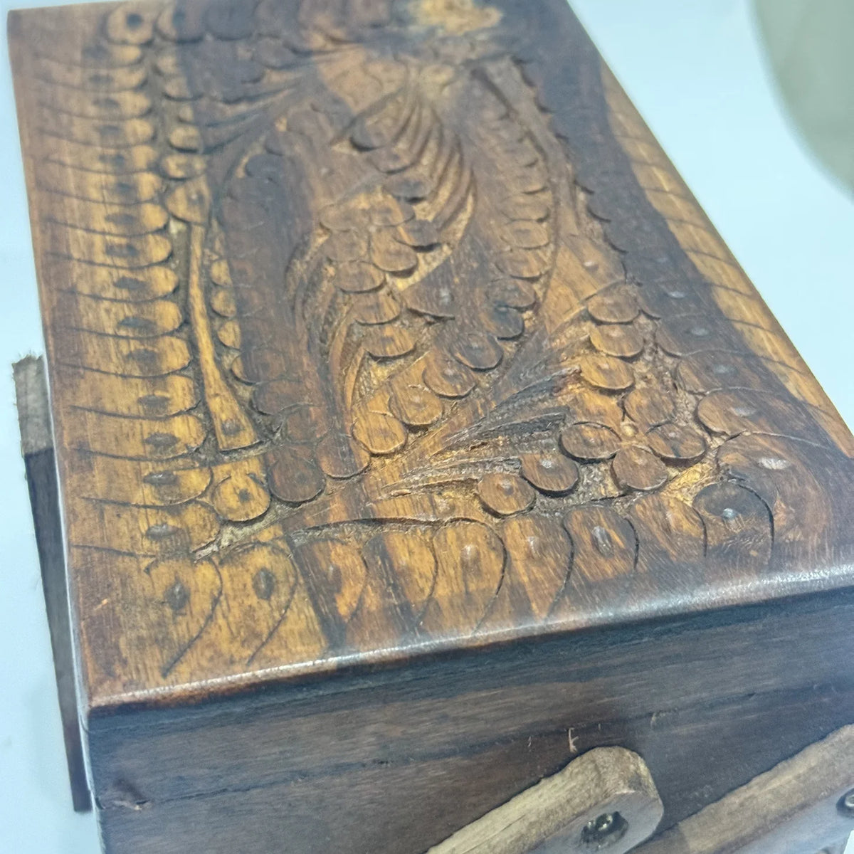 Carved wooden jewellery box with lift-out trays, 5 by 8 inch, handmade by Craft Edges, view 5 of 5