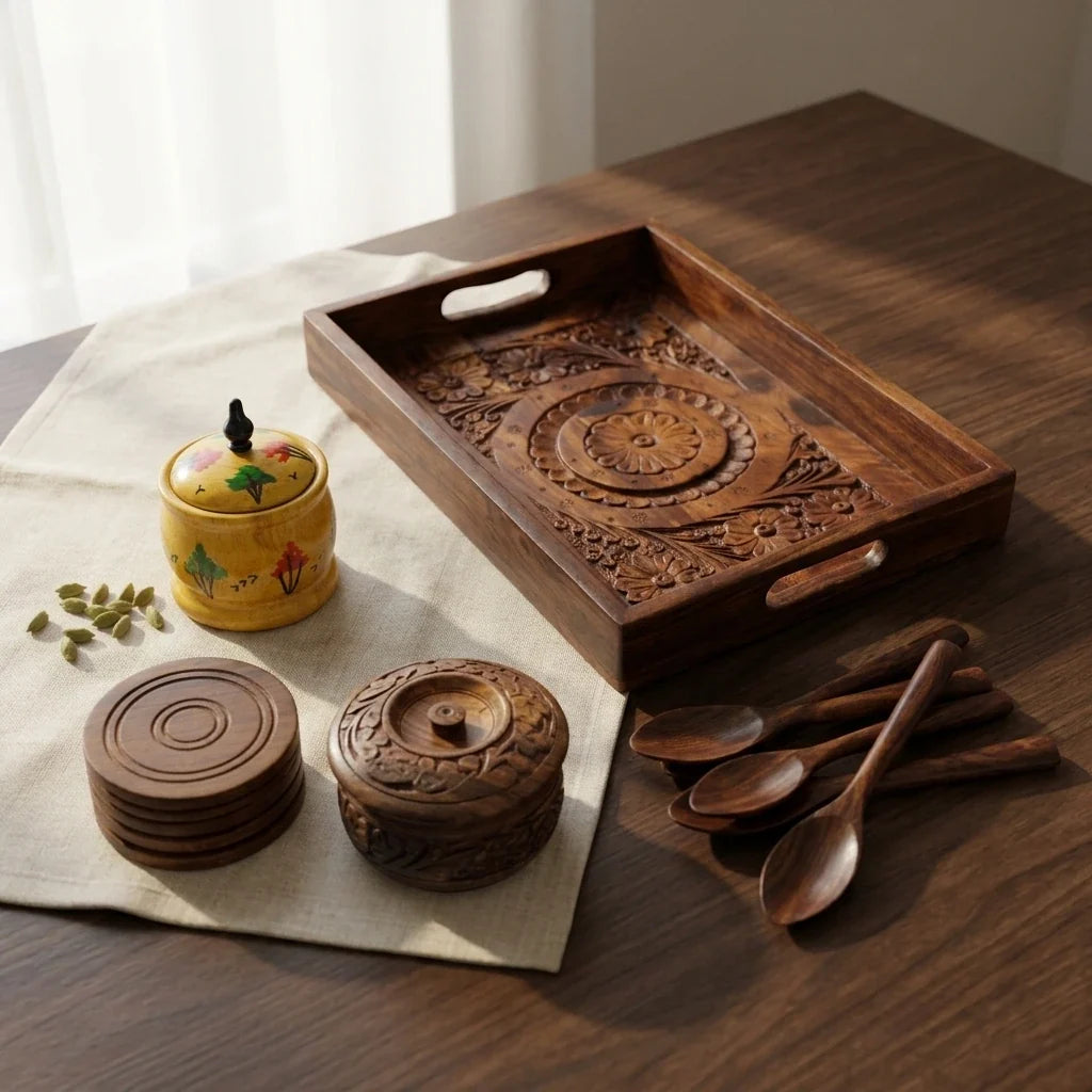 Chai Table Gift Set by Craft Edges: 13 inch hand carved sheesham serving tray, wooden tea mat with six matching coasters, hand painted scenery sugar pot and six wooden spoons