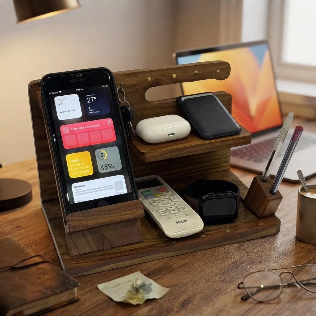 Wooden desk organizer holding a phone, watch, AirPods, remote and pens on an office desk