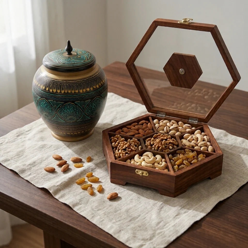 Dry Fruit Gifting Duo by Craft Edges: 12 inch glass front wooden dry fruit box filled with almonds, pistachios, walnuts, cashews and raisins, beside a tall Naqshi hand painted candy jar