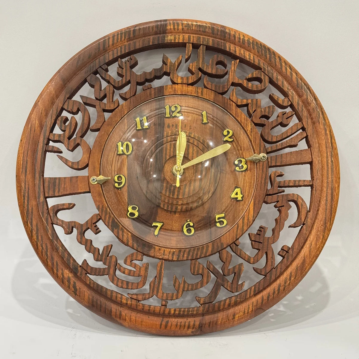 Carved wooden wall clock with Durood calligraphy, 14 inch, handmade by Craft Edges, view 1 of 3