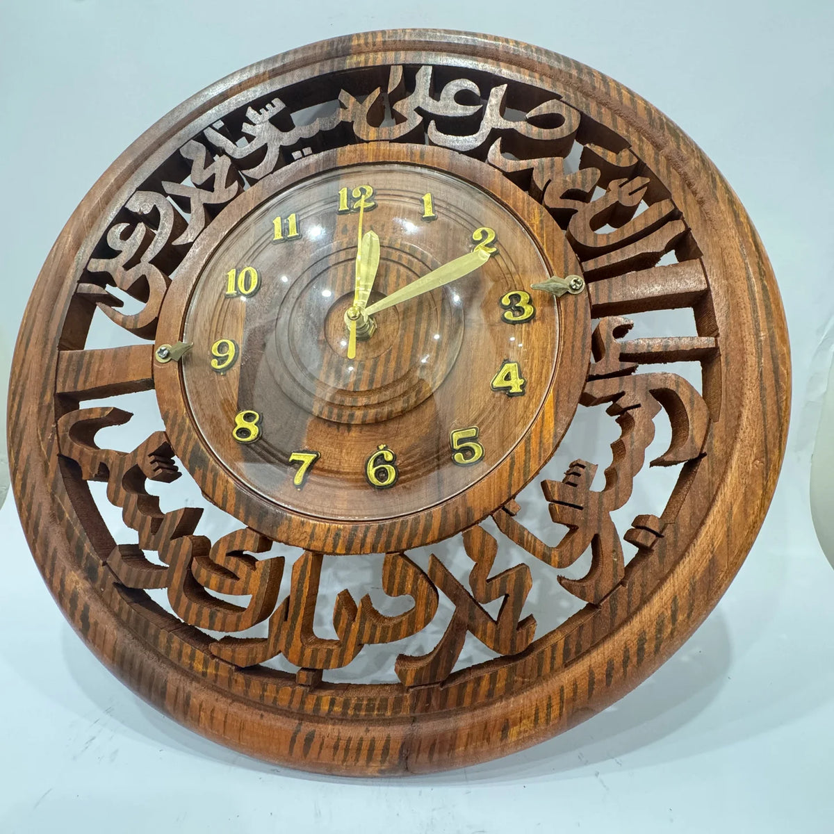 Carved wooden wall clock with Durood calligraphy, 14 inch, handmade by Craft Edges, view 2 of 3