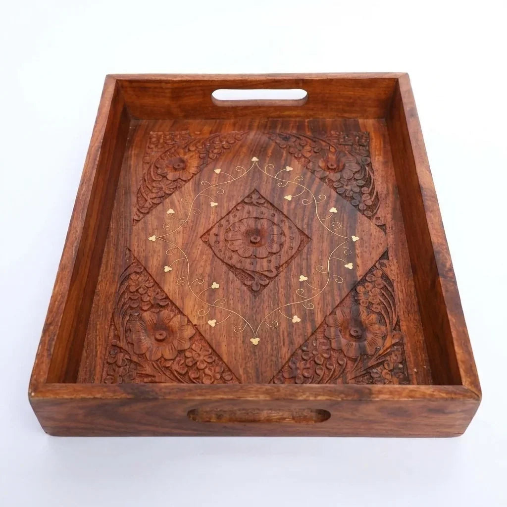 Full size carved wooden serving tray with brass inlay on a white background, handmade by Craft Edges