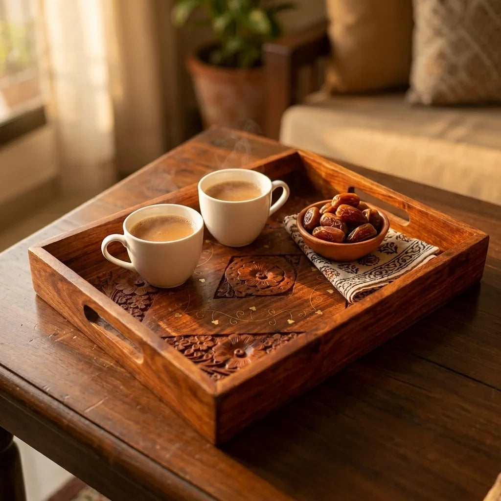 Full size carved wooden serving tray with brass inlay styled with chai and dates on a wooden table