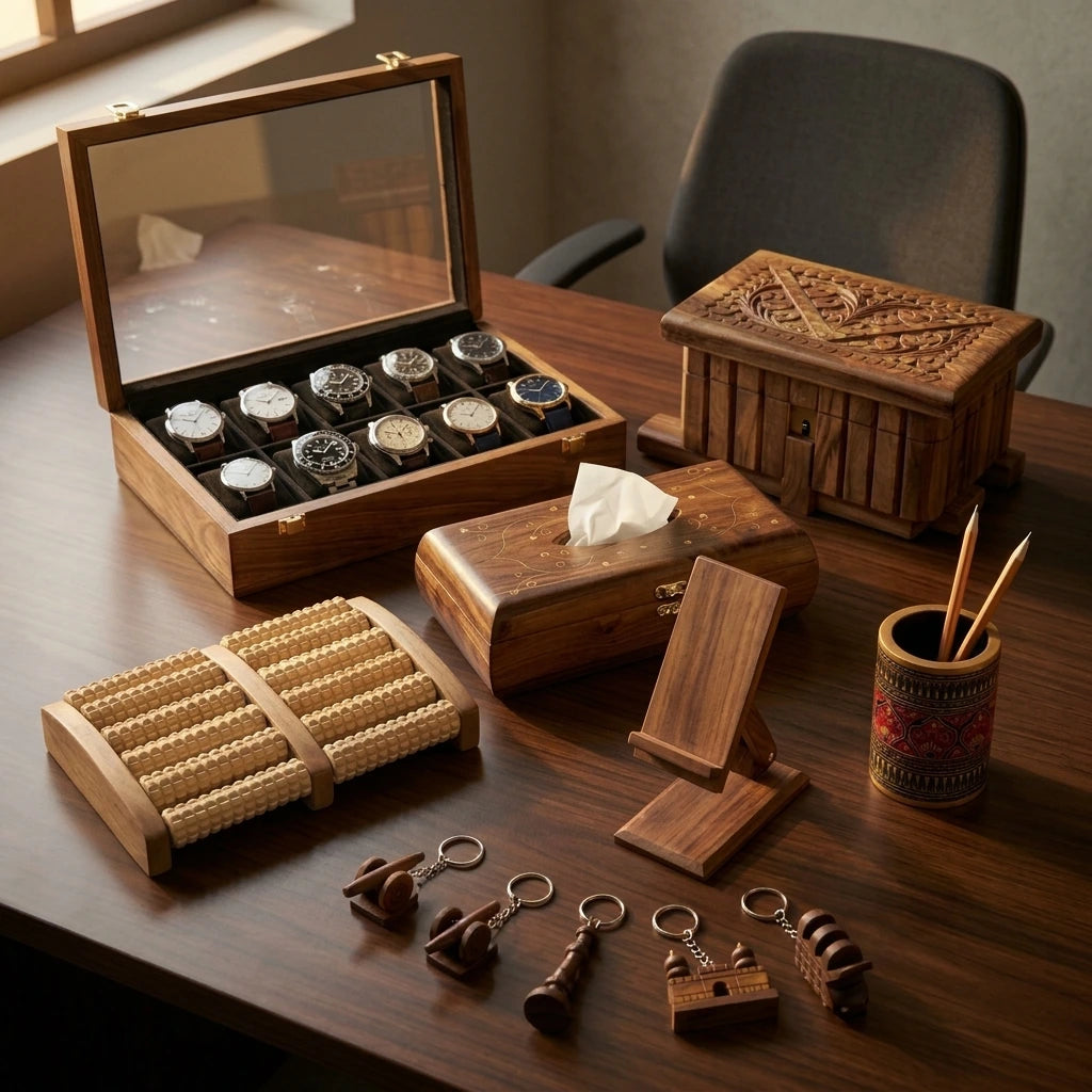 The Gentleman's Collection by Craft Edges on a wooden desk: ten slot watch box, carved safe lock box, brass inlay tissue box, foot massager roller, mobile holder, Naqshi pencil holder and five wooden keychains