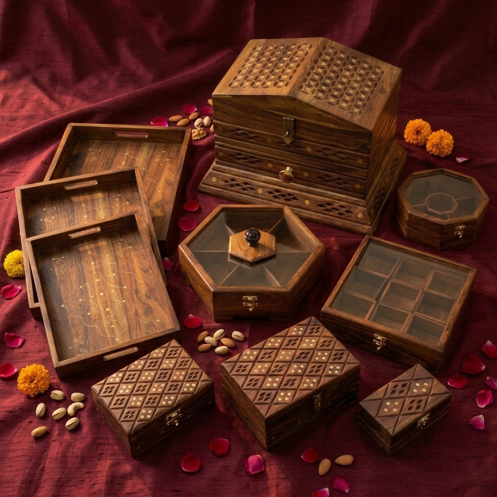 The Grand Wedding Collection by Craft Edges, ten handmade sheesham pieces on maroon silk: premium hand carved chest, three brass inlay serving trays, three glass top dry fruit boxes and three jaali jewellery boxes