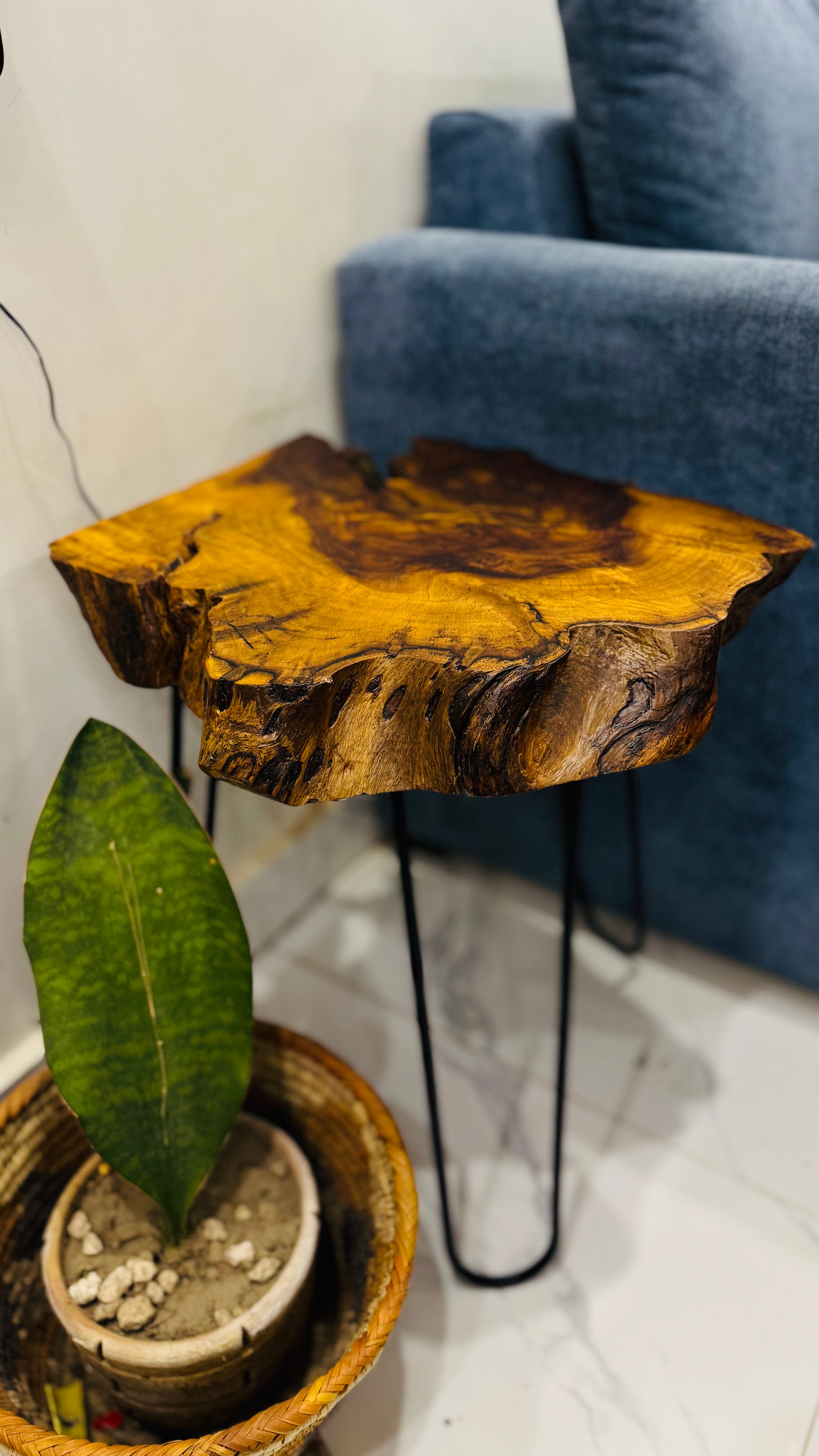 Live edge wooden side table, solid slab top with natural edge, handmade by Craft Edges