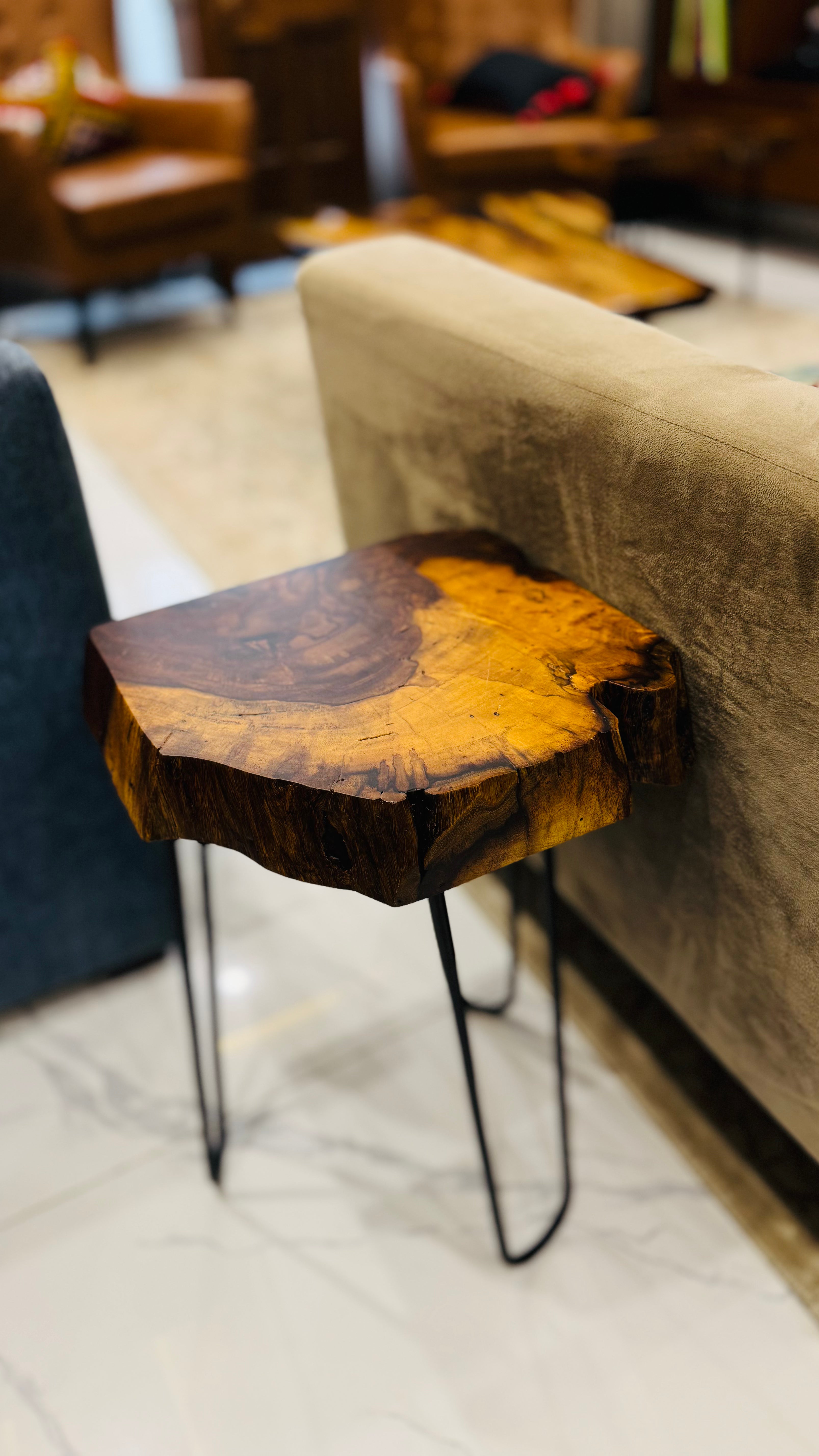 Live edge wooden side table, second view showing the grain and legs, handmade by Craft Edges