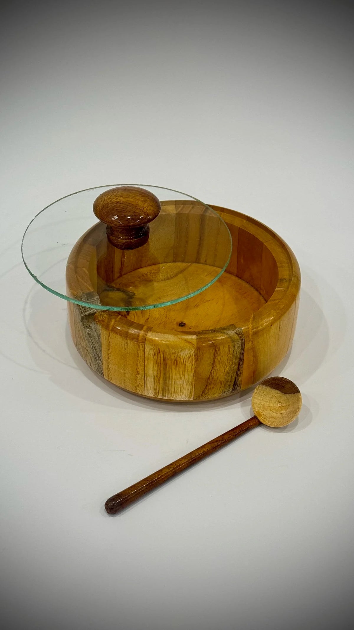 Multiwood Sugar Pot with Glass Lid and Spoon