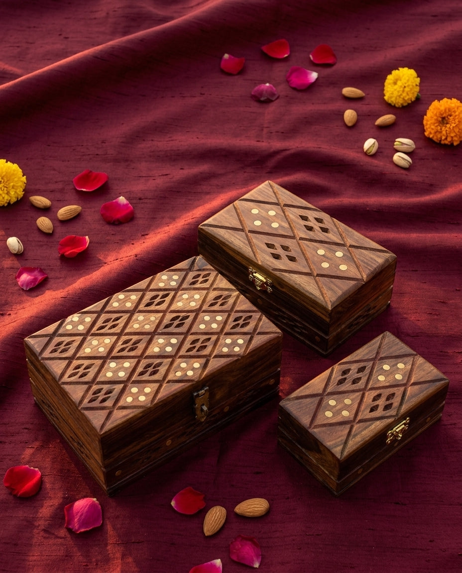 Jaali cutwork wooden jewellery box set of 3 on maroon silk, all three sizes with brass inlay, handmade by Craft Edges in Lahore