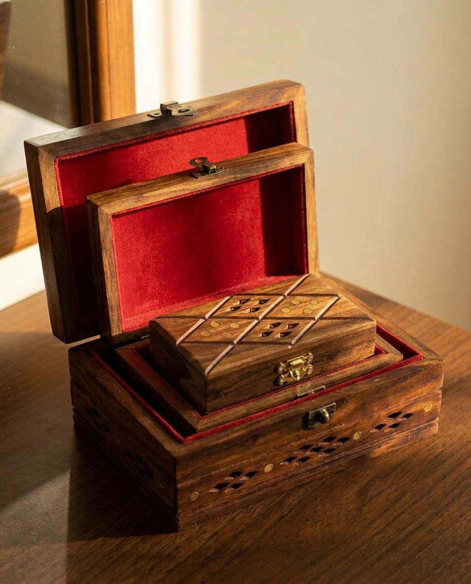 Jaali wooden jewellery box set of 3 nested one inside the other on a dressing table, red velvet lined interiors open, handmade by Craft Edges