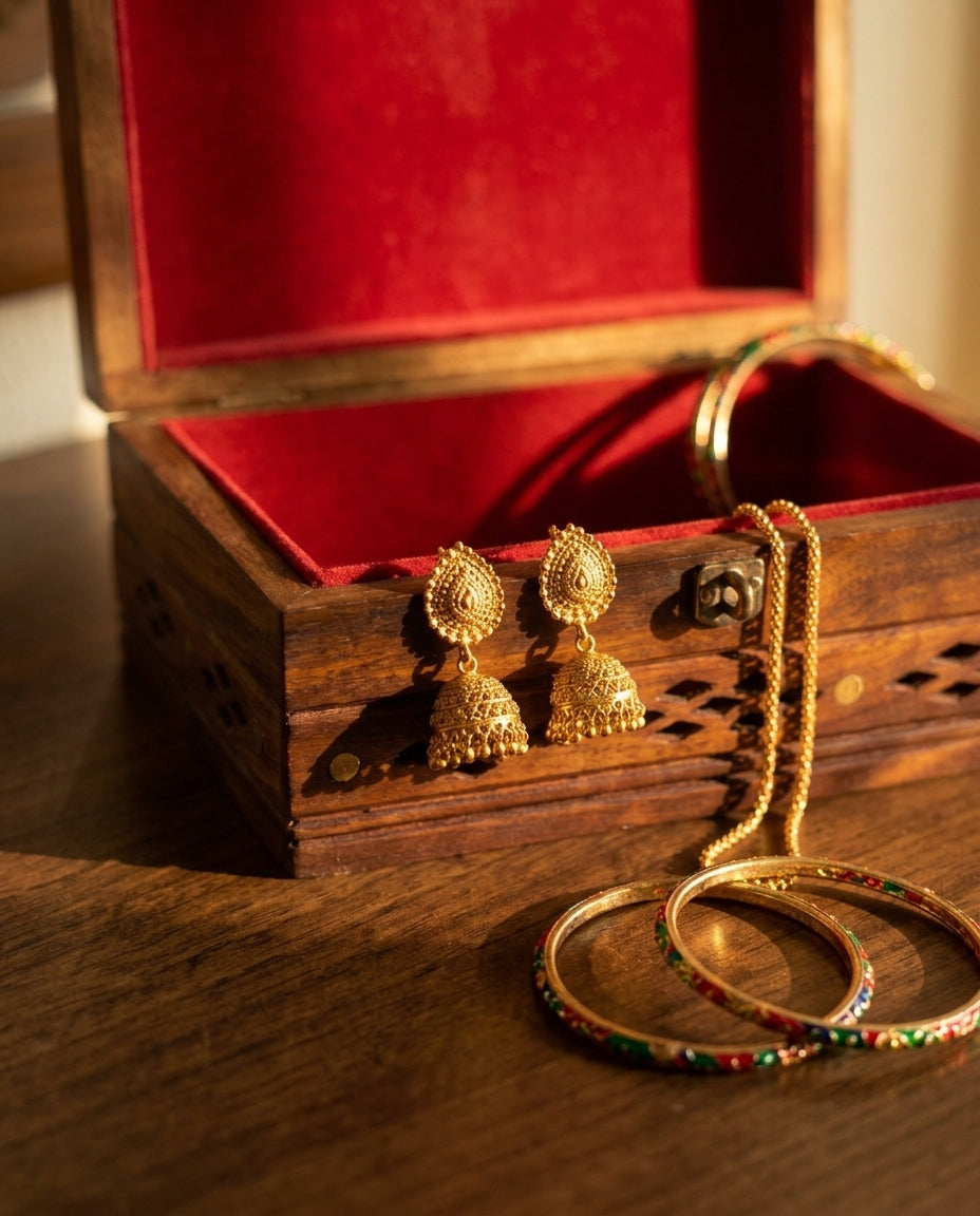 Jaali wooden jewellery box open on a dressing table with gold jhumka earrings, chain and enamelled bangles, red velvet lining, Craft Edges
