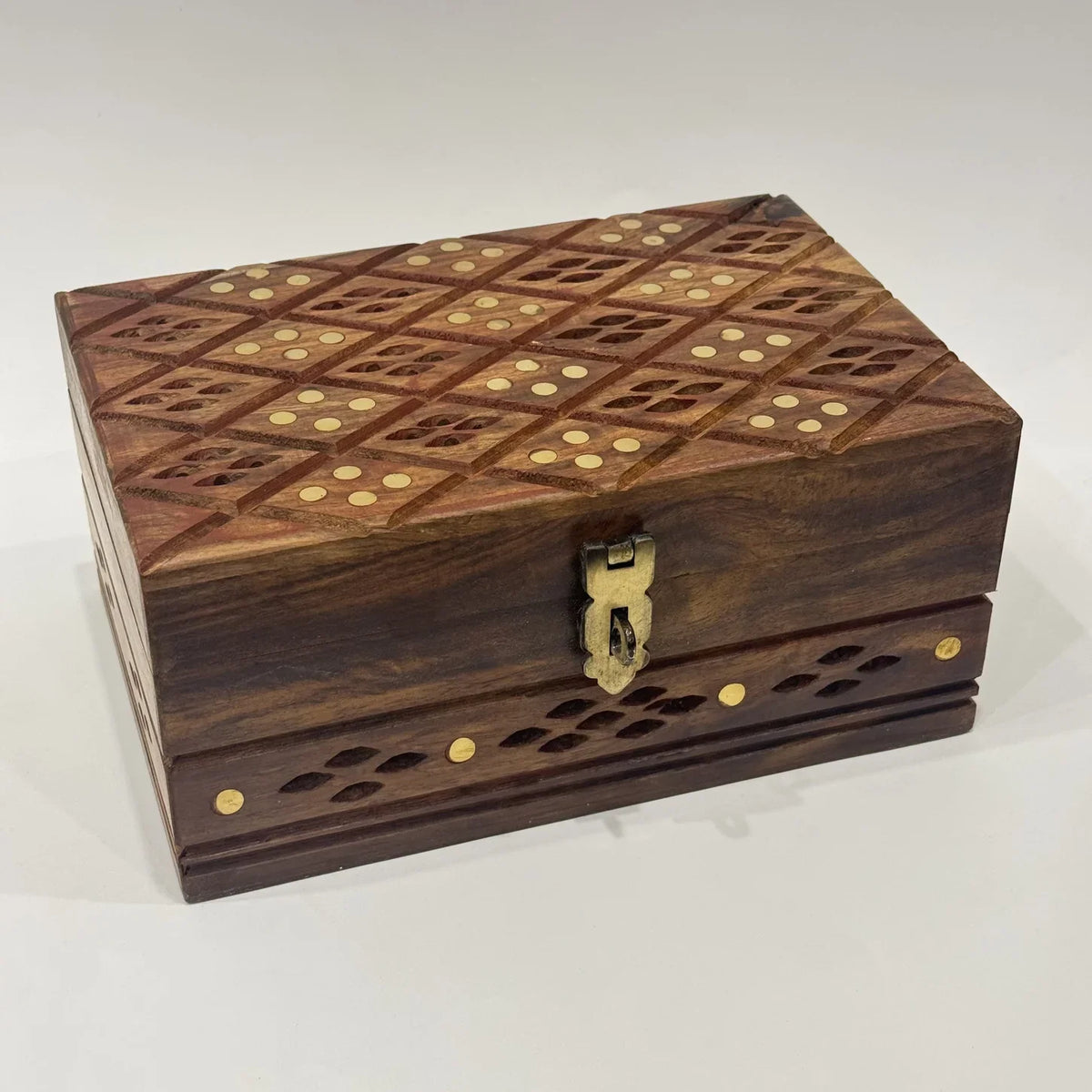 Large jaali cutwork jewellery box, 9 x 6 inches with brass inlay, part of the Craft Edges bridal duo gift set