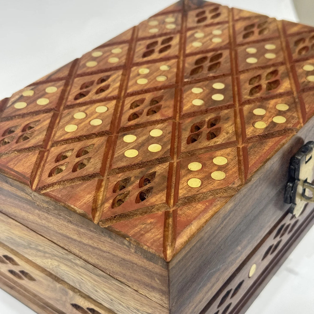 Jaali cutwork wooden jewellery box with brass inlay, large size, handmade by Craft Edges, view 3 of 4