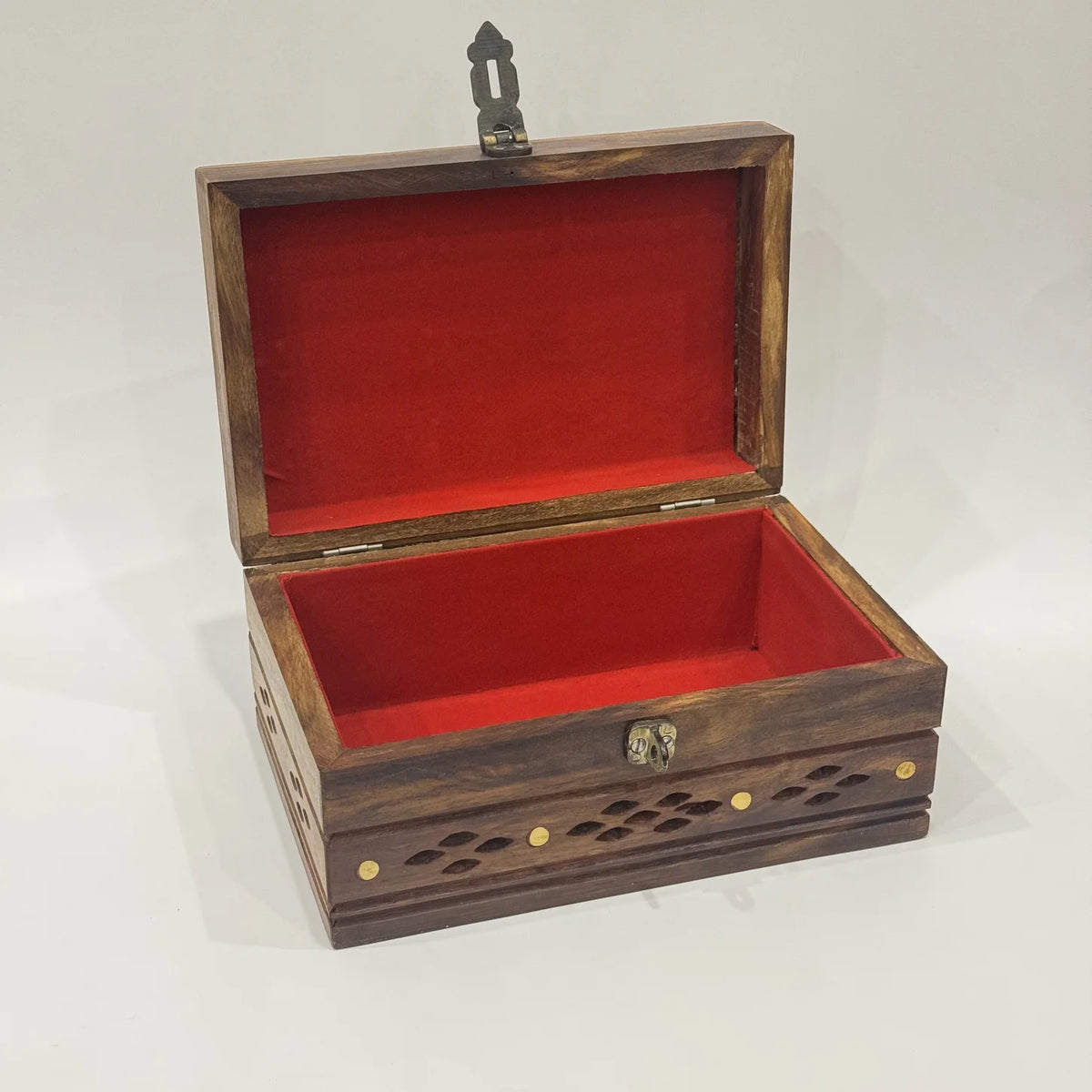 Jaali cutwork wooden jewellery box with brass inlay, large size, handmade by Craft Edges, view 4 of 4