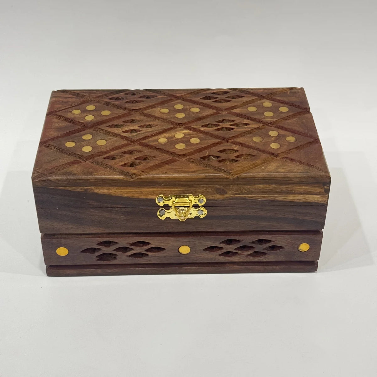 Jaali cutwork wooden jewellery box with brass inlay, medium size, handmade by Craft Edges, view 1 of 5