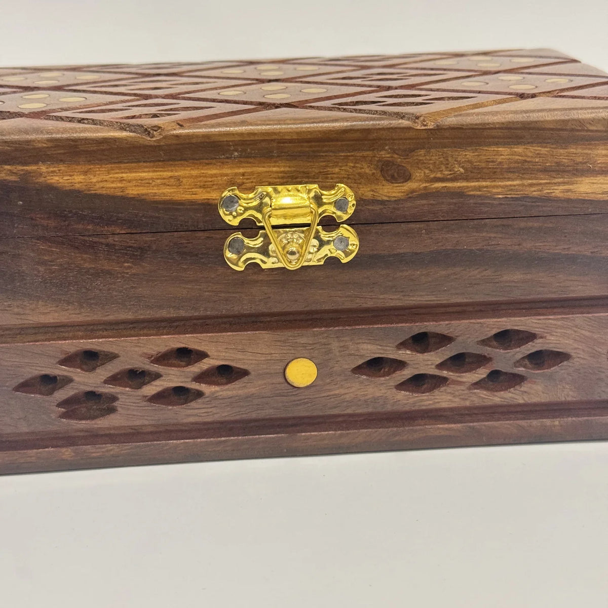 Jaali cutwork wooden jewellery box with brass inlay, medium size, handmade by Craft Edges, view 2 of 5