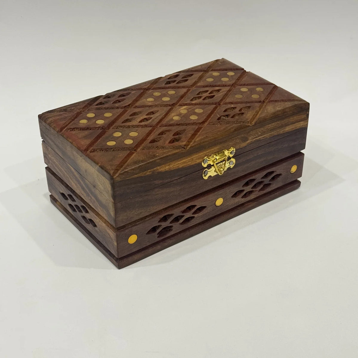 Jaali cutwork wooden jewellery box with brass inlay, medium size, handmade by Craft Edges, view 3 of 5