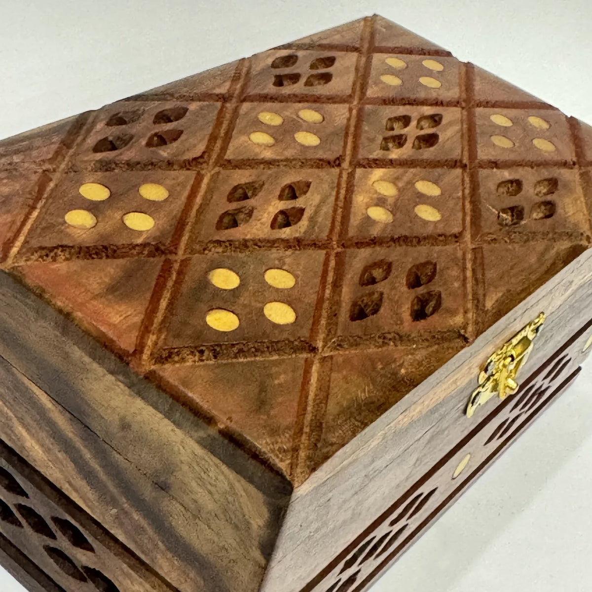 Jaali cutwork wooden jewellery box with brass inlay, medium size, handmade by Craft Edges, view 4 of 5