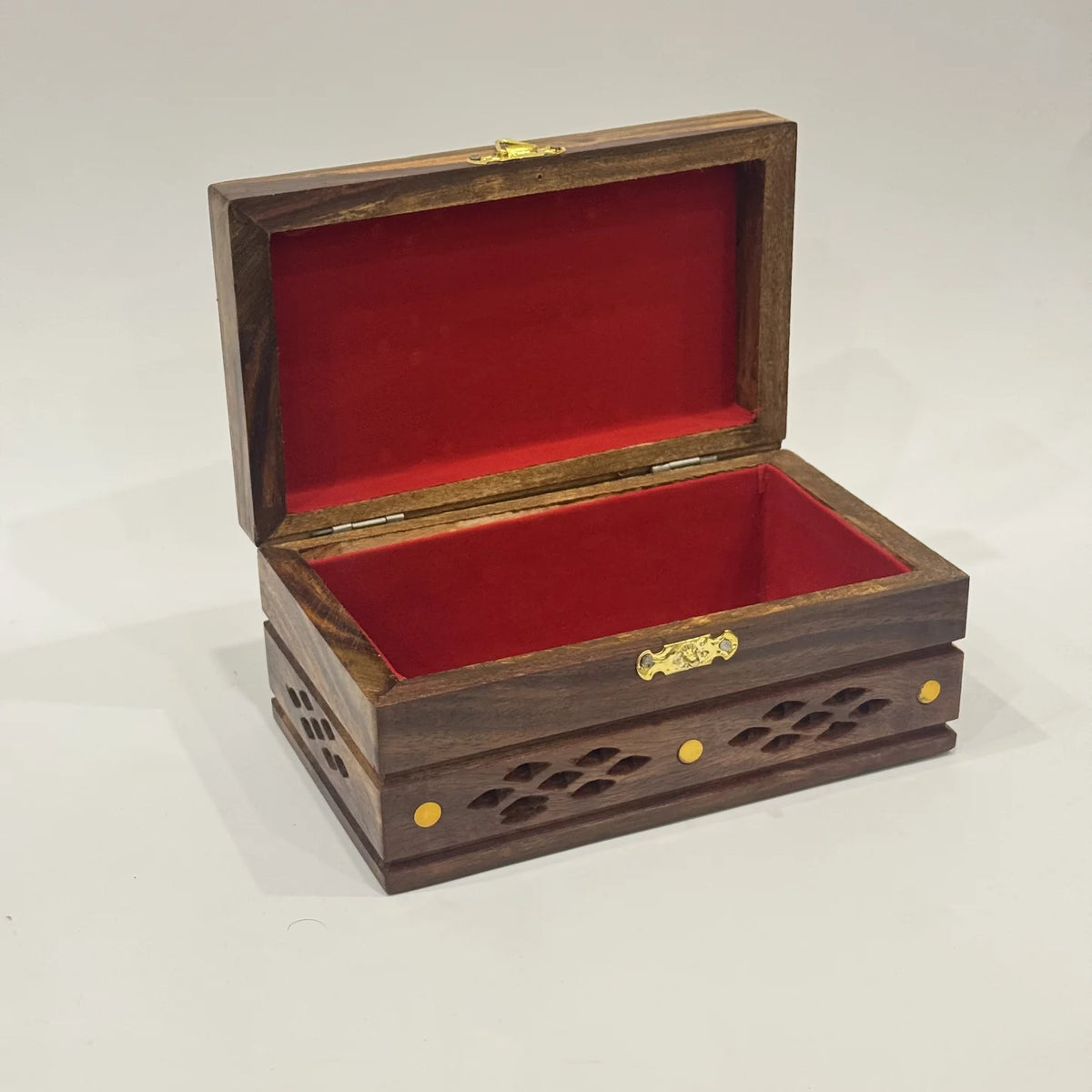 Jaali cutwork wooden jewellery box with brass inlay, medium size, handmade by Craft Edges, view 5 of 5