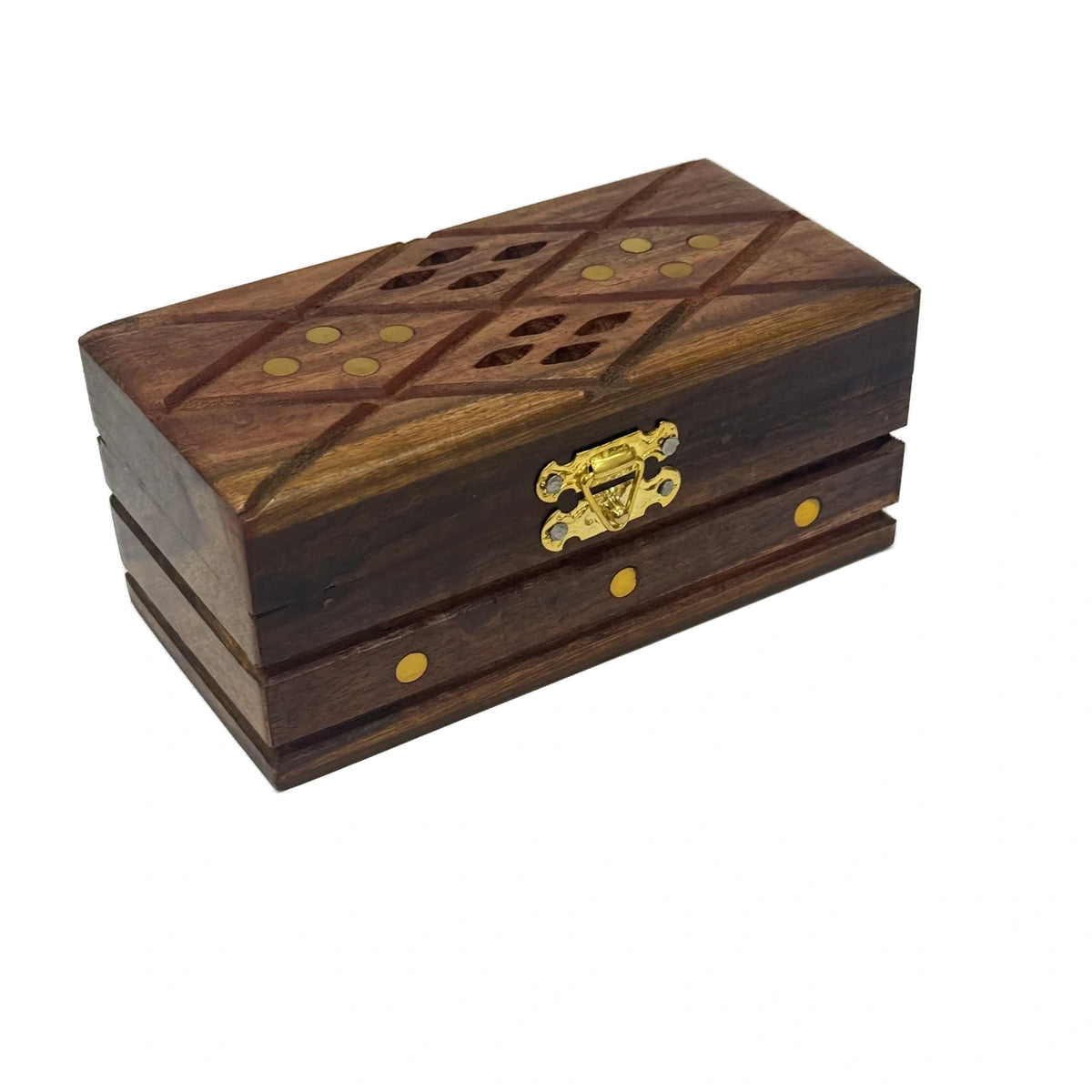Jaali cutwork wooden jewellery box with brass inlay, small size, handmade by Craft Edges, view 1 of 4