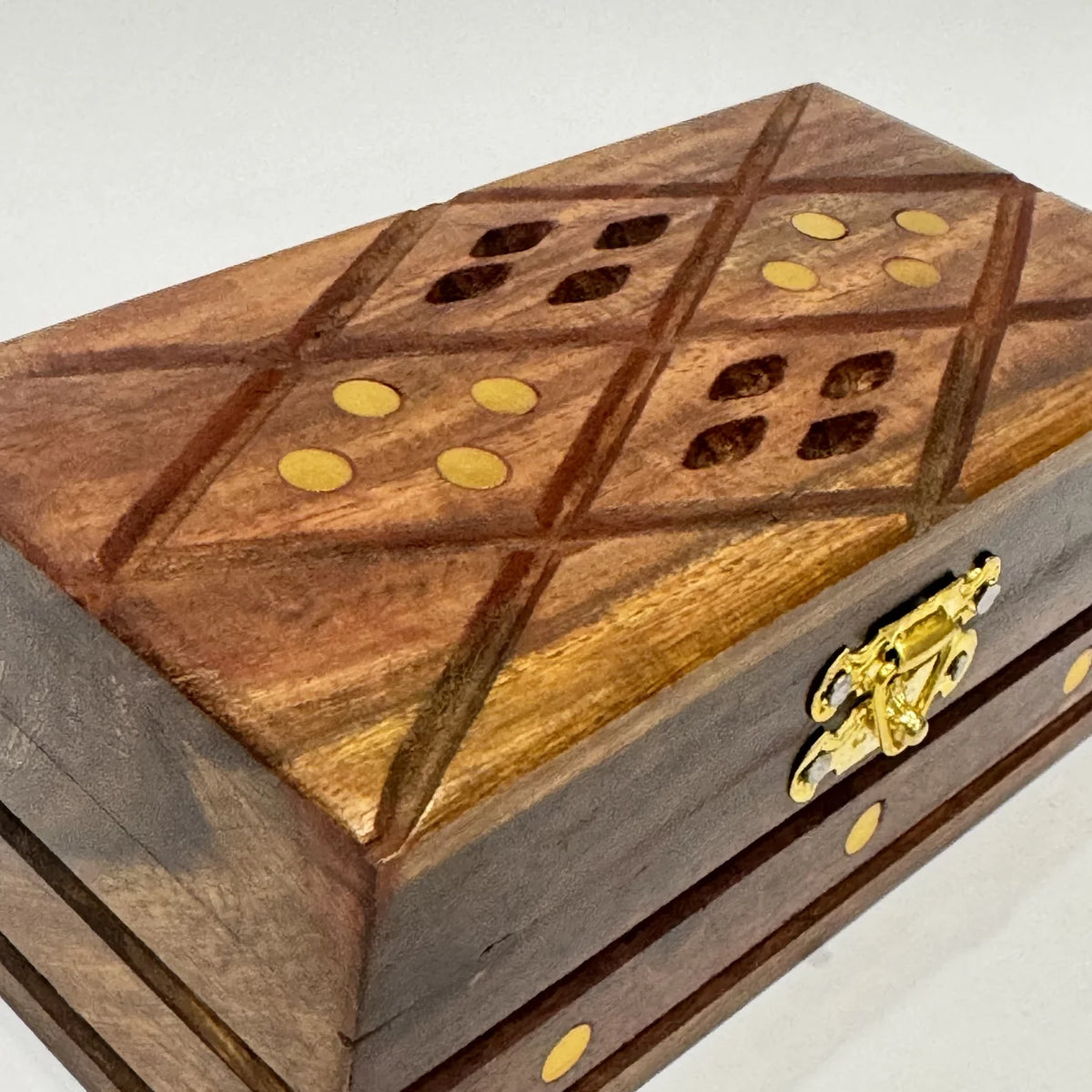 Jaali cutwork wooden jewellery box with brass inlay, small size, handmade by Craft Edges, view 2 of 4