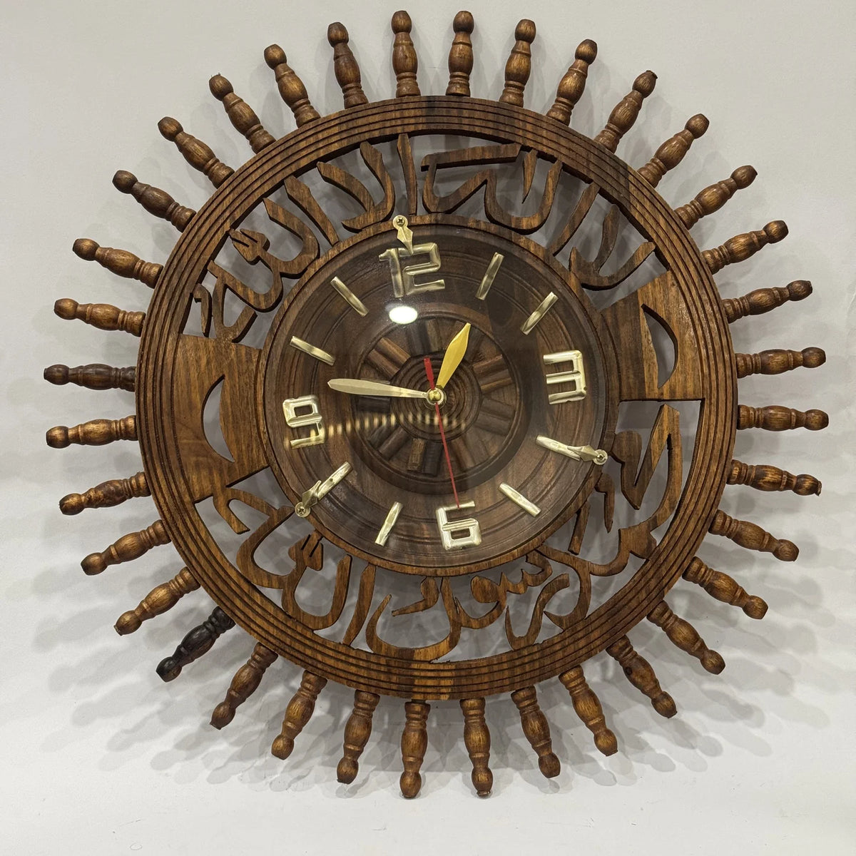 Carved wooden wall clock with Kalma calligraphy, 18 inch, handmade by Craft Edges, view 1 of 3
